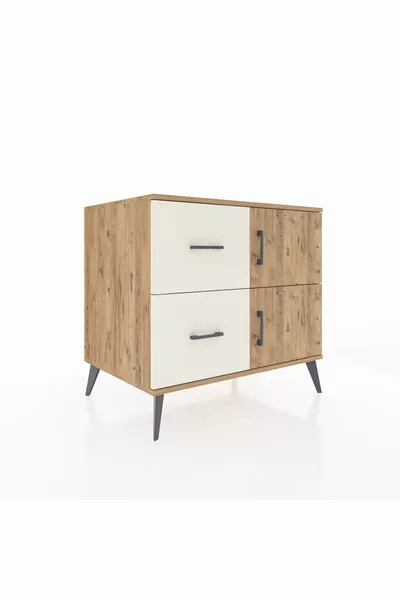 Commode Kronos à une étagère, 2 tiroirs et 2 portes, Pin-Pin / Pierre de lune