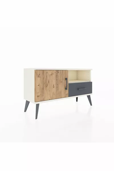 Commode Arges avec 2 étagères, 1 tiroir, 1 porte, couleur Pierre de lune/Pin/Anthracite