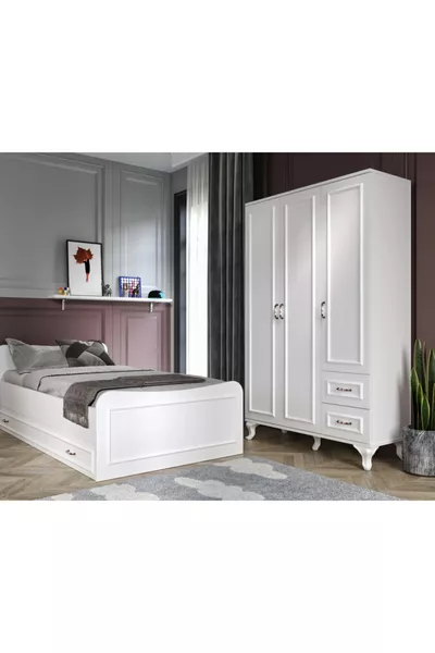 Set di Mobili per Camera Kartopu Country - Armadio a 3 Ante, Letto con Reti Singole, Comò con 3 Cassetti, Tutto in MDF