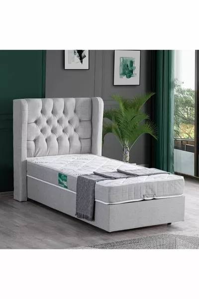 Riga Single Bed Base Headboard Comfort Mattress Set, Light Grey