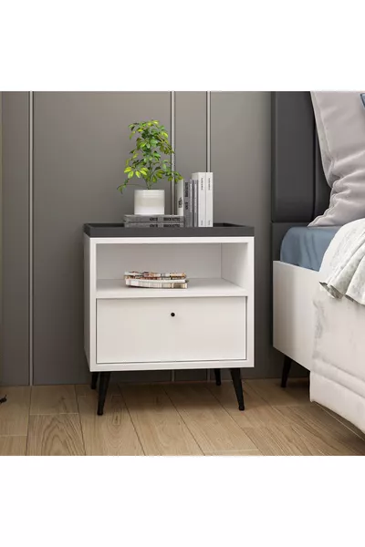 Bedside Table with Shelves and Single Drawers - White