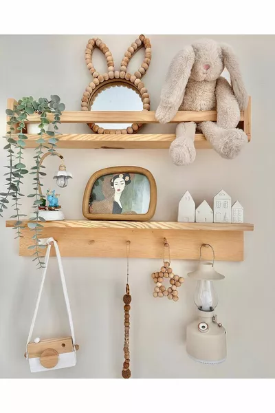 Kayınsan Handmade 2-Piece Wooden Wall Shelf | Hanger and Bookshelf | Montessori cm