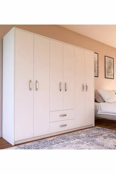  Deluxe Armoire 6 Portes 2 Tiroirs Blanc