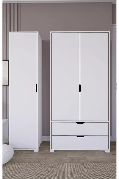 Armoire à vêtements Duru Mat Blanc à 3 portes et 2 tiroirs - Ensemble de garde-robe