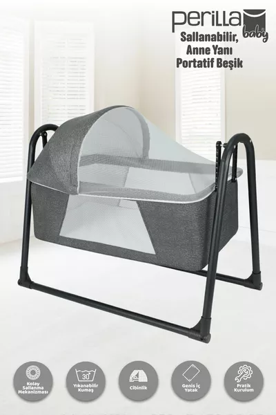 Culla da neonato portatile con zanzariera e dondolo, colore grigio scuro