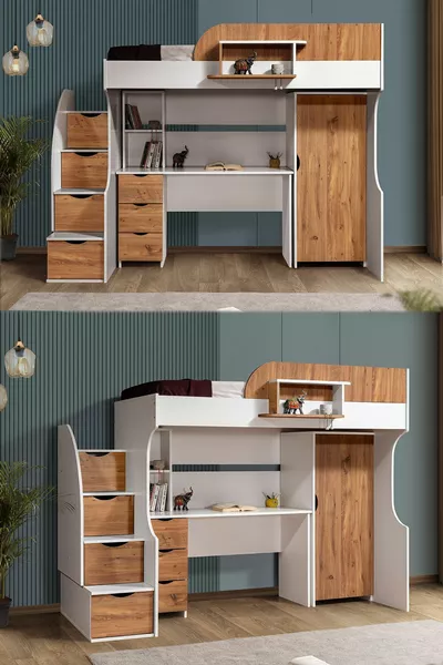 Letto a castello, Letto a castello con armadio e scrivania, Bianco-noce scuro 1 Materasso Comfort