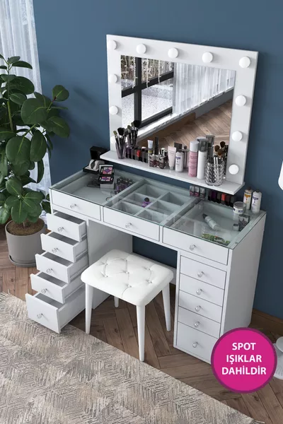 Rani Hollywood Lighted Mirror Dressing Table with Glass Top Jewelry Organizer and Stool Set White