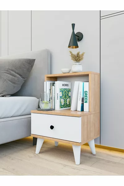 Table de chevet blanche brillante Marbella avec tiroirs et étagères pour chambre à coucher