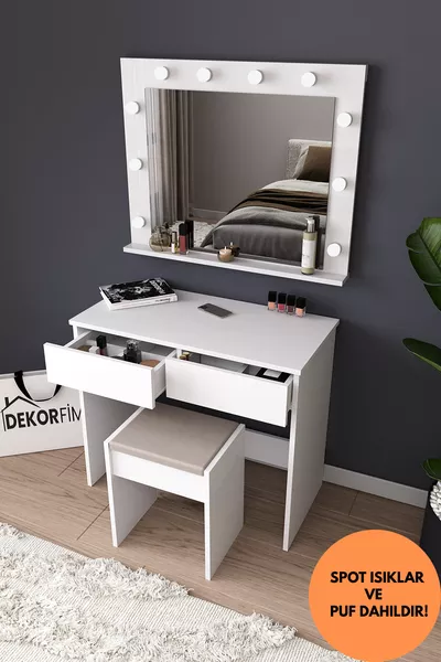 Tavolo da Trucco con Specchio a LED e Sgabello, Cassettiera con Scomparti per Cosmetici