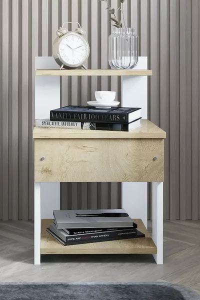 Table de chevet Rina Raflı avec tiroirs, blanche, chêne Lefkás
