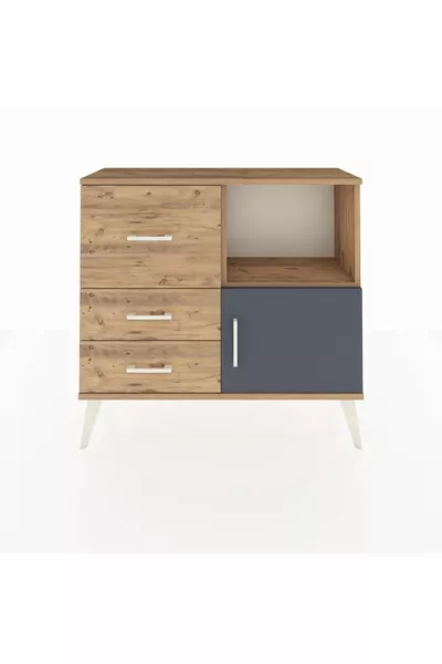 Commode Arges avec une étagère, 3 tiroirs et une porte, pin-anthracite/pin