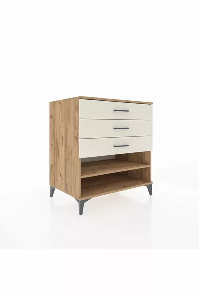 Commode Kronos à une étagère et 3 tiroirs en pin et pierre de lave