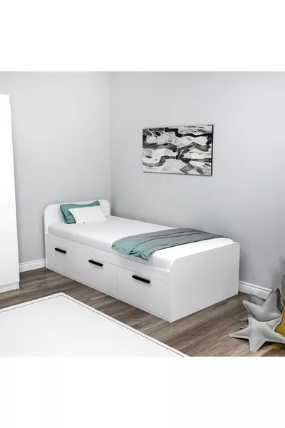 Akser White Bed Frame – Single Bed Compatible, Youth Bed with Wardrobe