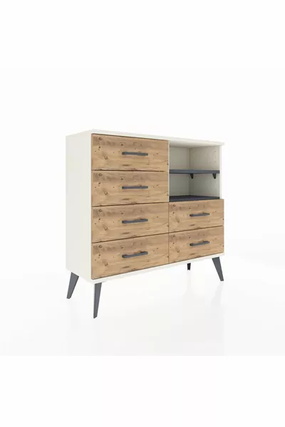 Commode Arges 2 étagères 6 tiroirs Pierre de lune-Anthracite/Sapin