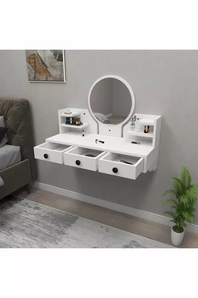 Polina Tavolo da Trucco a Muro con Cassetti e Mensole, Specchio, Bianco - Polina