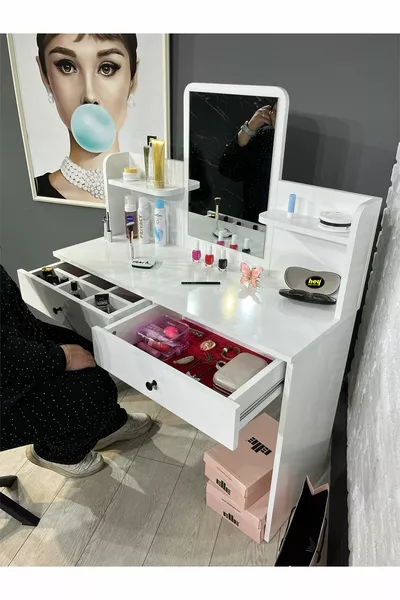 Makeup Vanity Mirror Dressing Table with 2 Drawers Jewelry Organizer and Shelved Organizer White cm