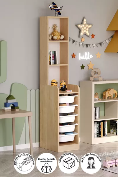 Шкаф с 3 рафта и 5 кошници, многофункционален шкаф за играчки, Derya Safir Еш