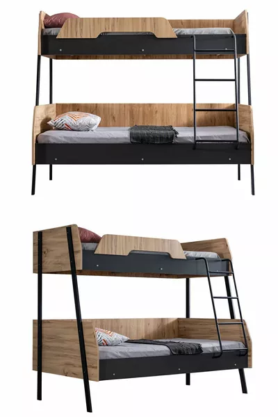 Etagenbett, Alba Breites Doppelbett-Etagenbett, cm - cm - Nussbaum-Anthrazit + 2 Komfortmatratzen