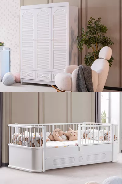 Antalya Children's Room Set, Antalya Bunk Bed, Perla 3-Door Wardrobe - White