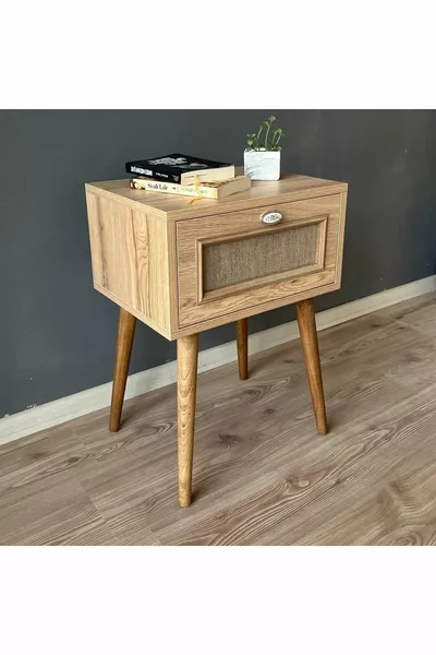 Comodino in legno di quercia con finitura a paglia, tavolino laterale, comodino con coperchio per accanto al letto