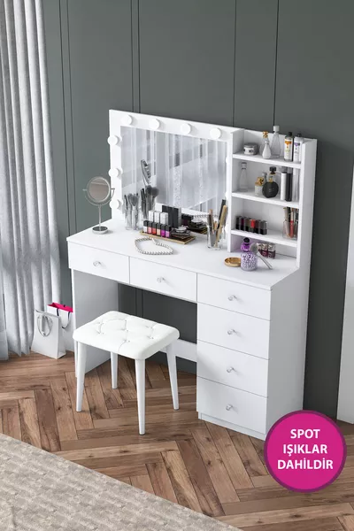 Rani Hollywood Lighted Mirror Dressing Table with 6-Drawer Jewelry Organizer and Stool Set White