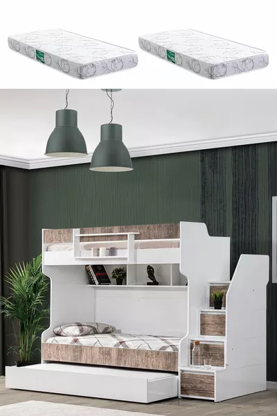 Lits superposés, Lit superposé Courageux avec tiroirs - Noyer 2 matelas confort