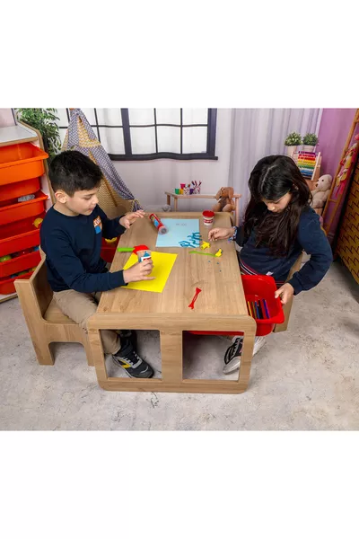 Tavolo da gioco, attività e intrattenimento con cassetti per 2 persone, MDF noce-arancione