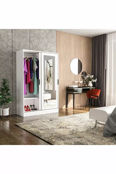 Armoire Berceste Blanche à 2 Portes Coulissantes avec Miroir et 8 Compartiments