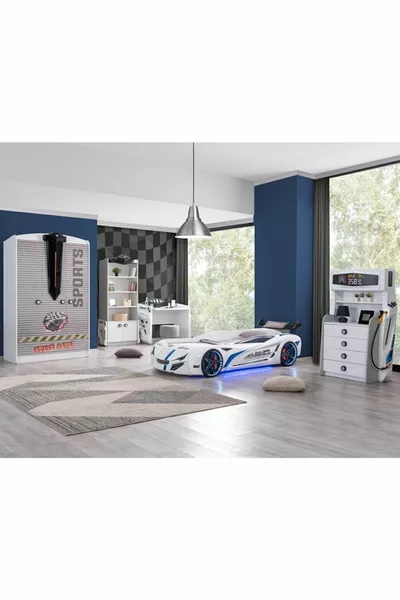 Chambre d'enfant - Lit avec voiture Mercedes, Armoire 3 portes Sports, Bureau, Commode, Bibliothèque - Blanc