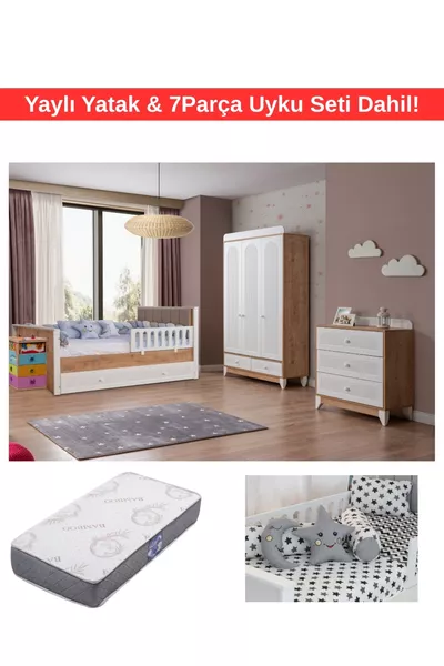 Mira Oak Baby and Children's Room Set / Includes Bed and 7-Piece Bedding Set