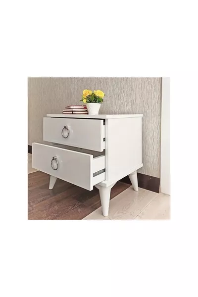 White Nightstand with Two Drawers and Cone-Shaped Legs