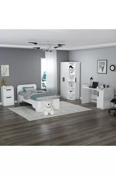 Camera da letto per ragazzi Luses Set di 4 pezzi Bianco Scrivania-Armadio-Comodino-Letto - Luses
