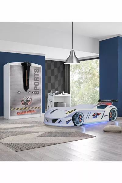 Chambre d'enfant - Lit avec voiture Jaguar et pare-vent, Armoire sportive 3 portes, Bureau - Blanc