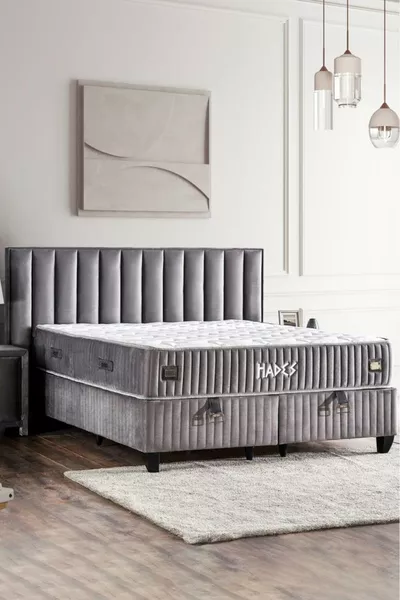 Set Letto Hades con Rete e Testiera Matrimoniale Pacchetto Luxe con Rete a Molle Letto Lussuoso Grigio Scuro con Testiera