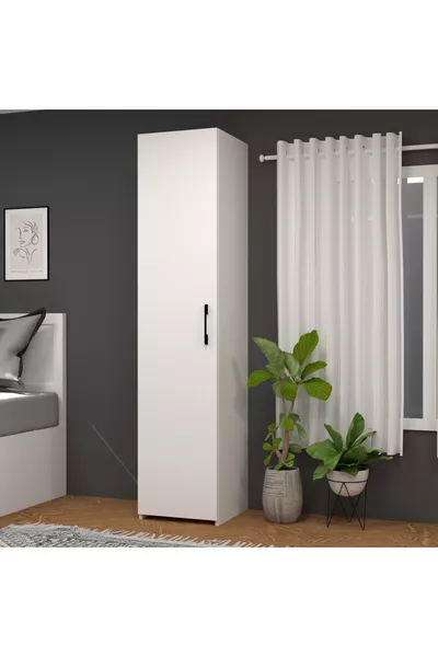 Retro-4 Wardrobe with 3 Shelves, 1 Door, and Straps, White