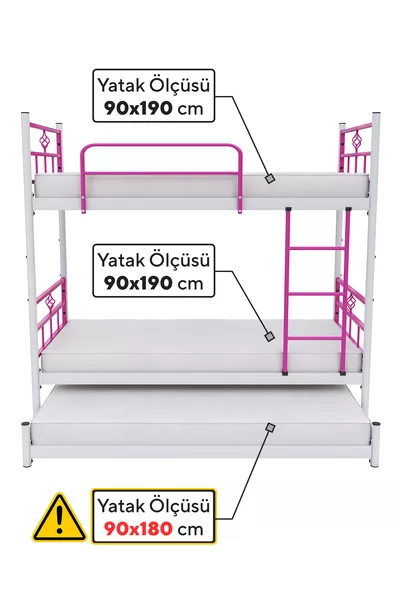 Letto a castello Koza con cuccetta, compatibile per 3 persone, colore rosa scuro, in metallo