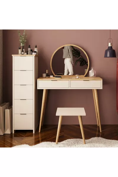 Set da Trucco Lucy – Vano Portaoggetti in Sandstone | Con Sgabello, Specchio, Multiuso