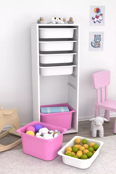 Zola 7 Körbchen Schrank Spielzeugschrank Multifunktionaler Küchen-, Bad- und Vorratsschrank Rosa Weiß