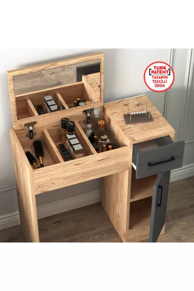 Pearl Atlantic Pine Anthracite Mirrored Makeup Table – With Drawers, Cabinet & Stylish Design