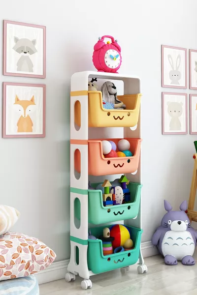 Armoire à jouets à 4 niveaux, organisateur de jouets, armoire à jouets avec panier