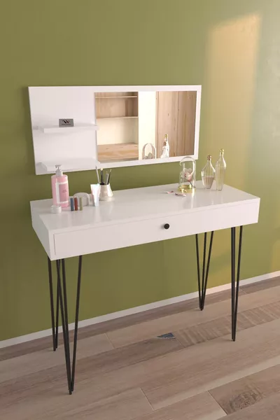 Coiffeuse avec miroir et tiroirs, table d'organisation pour bijoux, blanche