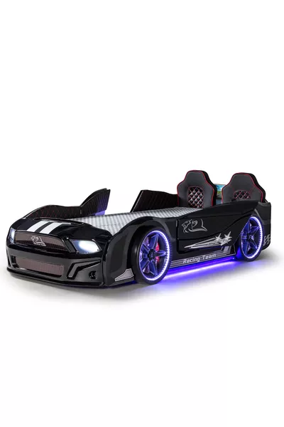 Black Car Bed with Doors That Open, Mustang, Fully LED, Remote Controlled and with Music