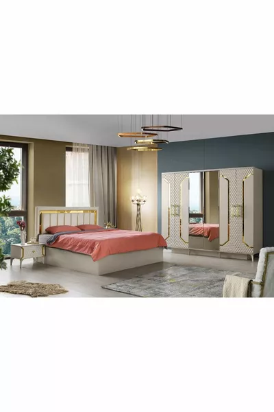 Milano Bedroom Set - MDF - Sand Beige - 6 Doors with Mirror - Without Base - With Slatted Bed Support - Free Delivery and Assembly
