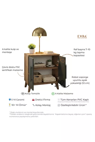 Table de chevet classique Lumen à 2 portes avec étagère, anthracite - Pin