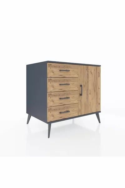 Kronos Commode avec une étagère, 4 tiroirs et une porte, Anthracite-Pin