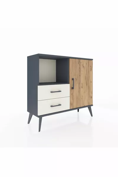 Arges Dresser with 2 Shelves, 2 Drawers, and 1 Door Anthracite-Pine/Travertine