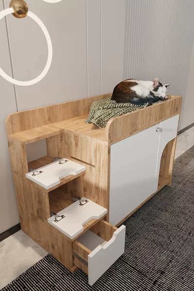 Litière et lit pour chat en bois MAYA, modèle en mezzanine - couvercle verrouillable - Pas de bac à litière - Pas de lit - Bois de pin A. - Blanc