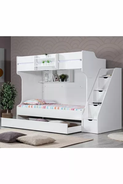Bunk Bed, Kardem Bunk Bed with Drawer - White + 2 Comfort Mattresses