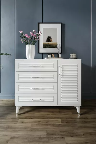Moderne ladekast met 4 laden en 1 deur, jaloezieontwerp, MDF-deur, wit-zilver