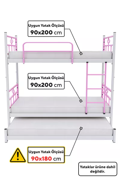 Lit superposé Koza avec tiroir pour 3 personnes, compatible avec matelas, métal rose clair